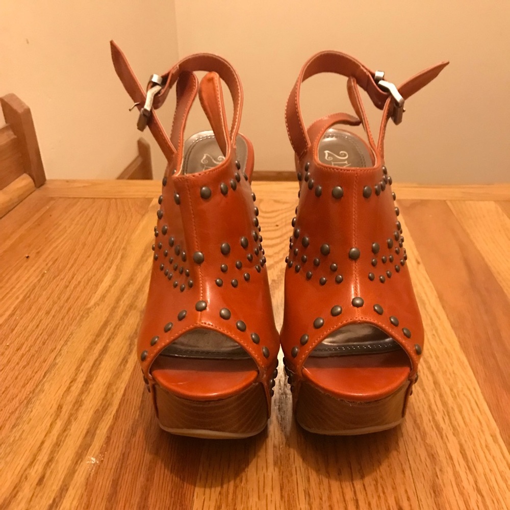 Rust orange studded peep toe wedges